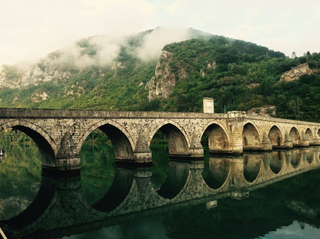 bridge, river, reflection